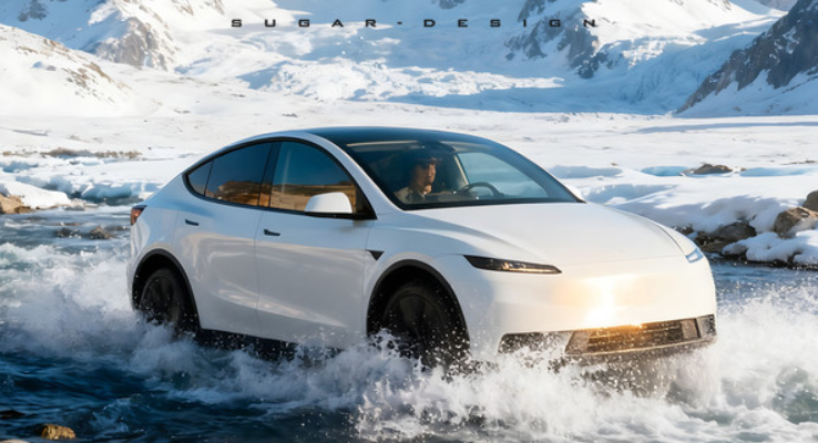 Uma antevisão do Tesla Model Y, um veículo económico.