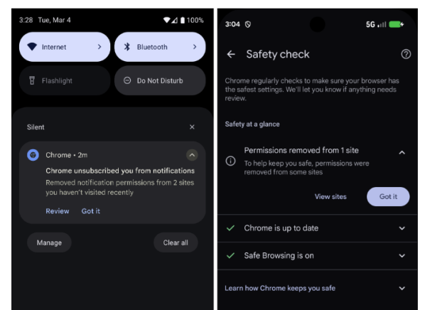 O Chrome desativa automaticamente as notificações irritantes de sites.